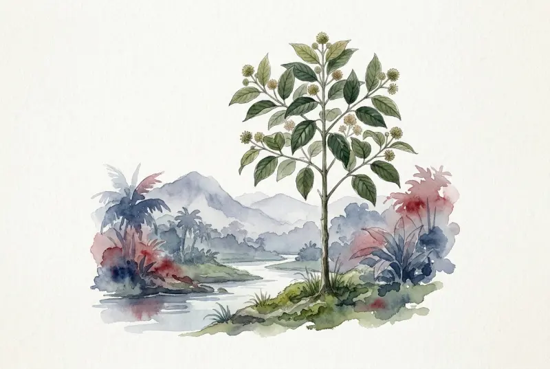Kratombaum in tropischer Flusslandschaft