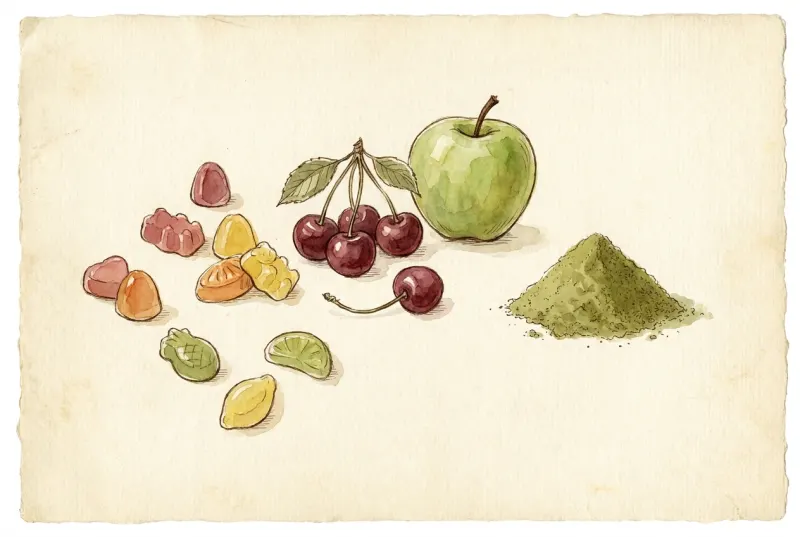 Fruchtgummis, Kirschen, ein grüner Apfel und ein Häufchen grünes Pulver