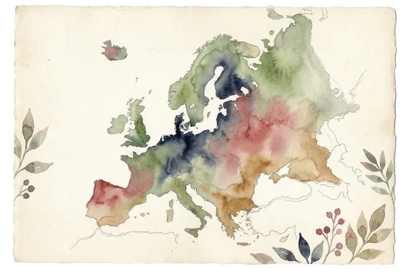 Aquarellierte Europakarte mit Blättern
