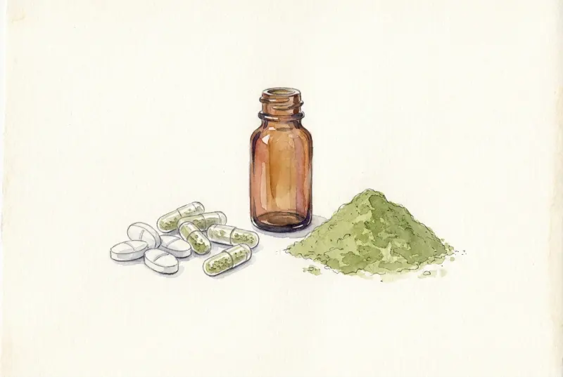 Tabletten, Kapseln und Pipettenfläschchen neben grünem Pulver
