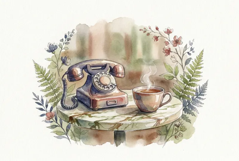 Altes Telefon und dampfende Teetasse auf einem Kaffeehaustisch