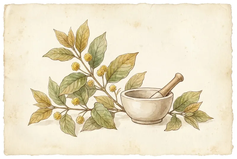 Kratomzweig mit Blütenköpfen und ein Mörser