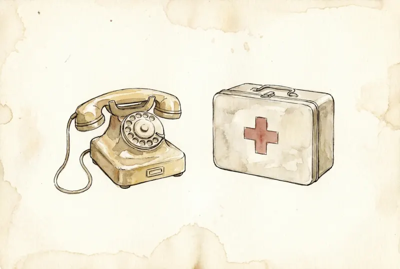 Altes Telefon und Erste-Hilfe-Koffer mit rotem Kreuz