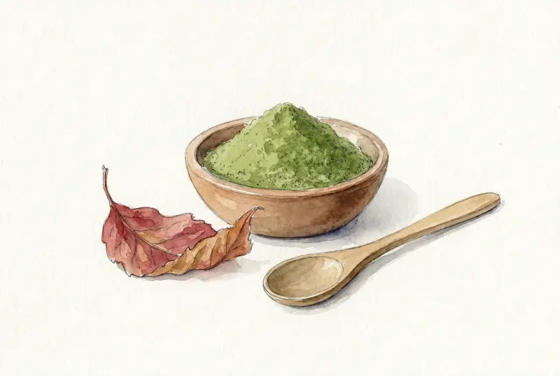Schale mit grünem Pulver, getrocknetes Blatt, Holzlöffel