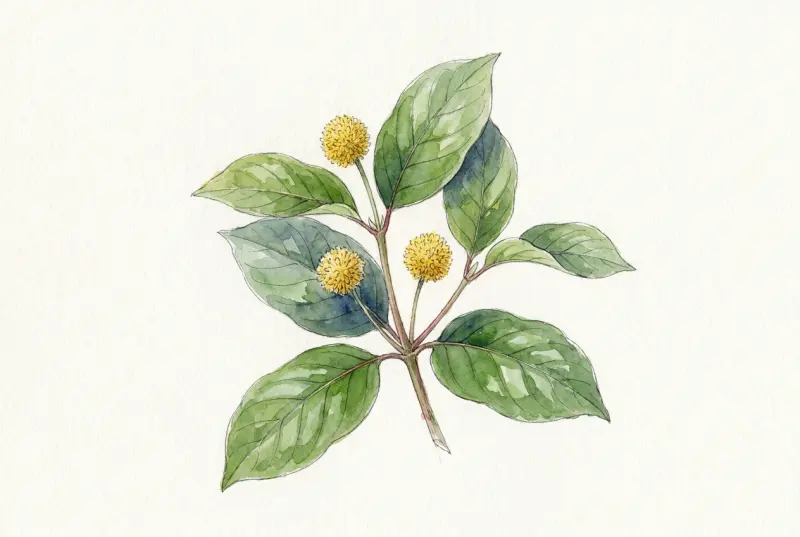 Aquarell: blühender Zweig von Mitragyna speciosa