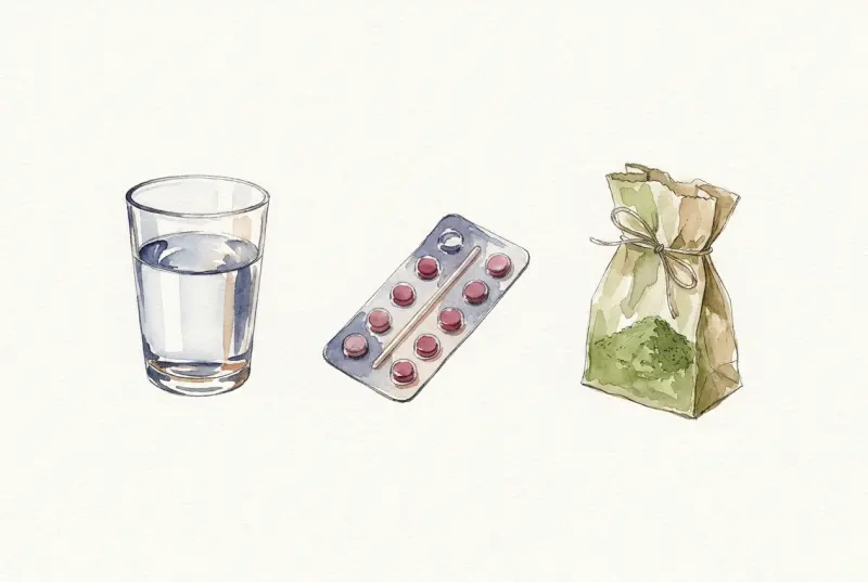 Wasserglas, Tablettenblister und Papiertüte mit grünem Pulver