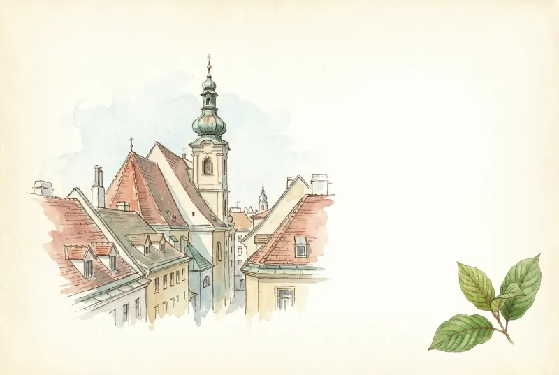 Wiener Dächer und Kirchturm, im Eck ein Kratomzweig